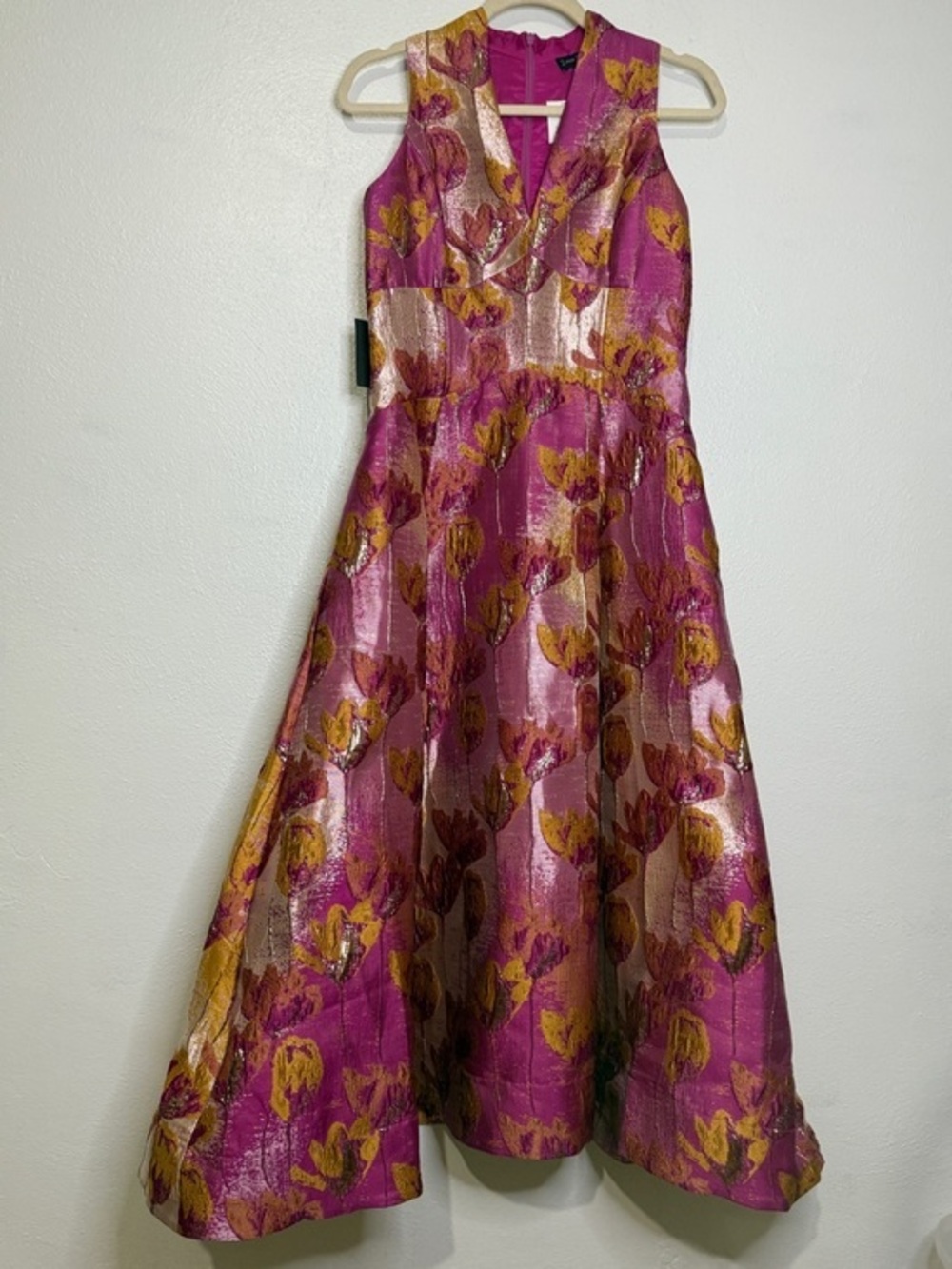 Zarr Collection Fuchsia & Gold Floral A-Line Dress. Sz 6. NWT.